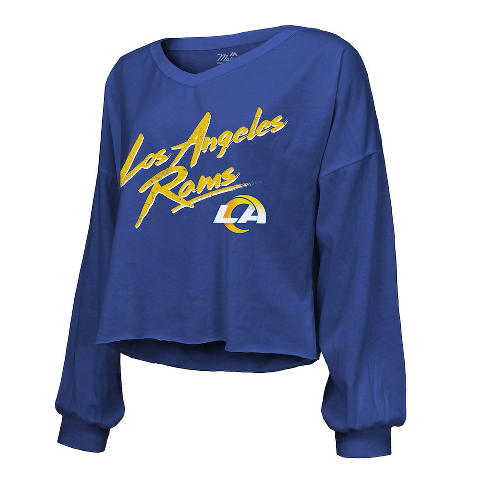 Los Angeles Rams  Puka Nacua  Majestic Threads Women's Off-Shoulder Script Player Name & Number Cropped Long Sleeve V-Neck T-Shirt