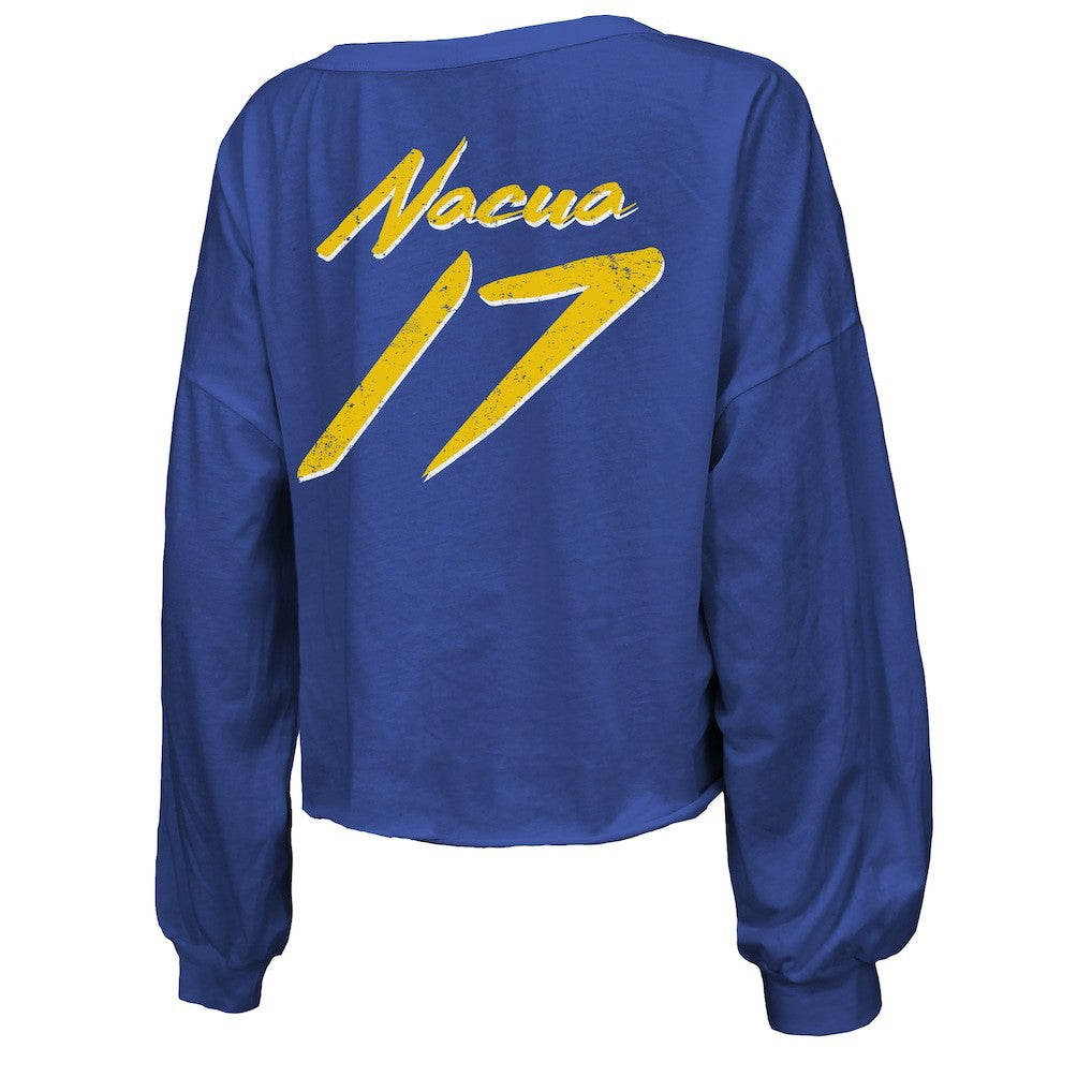 Los Angeles Rams  Puka Nacua  Majestic Threads Women's Off-Shoulder Script Player Name & Number Cropped Long Sleeve V-Neck T-Shirt