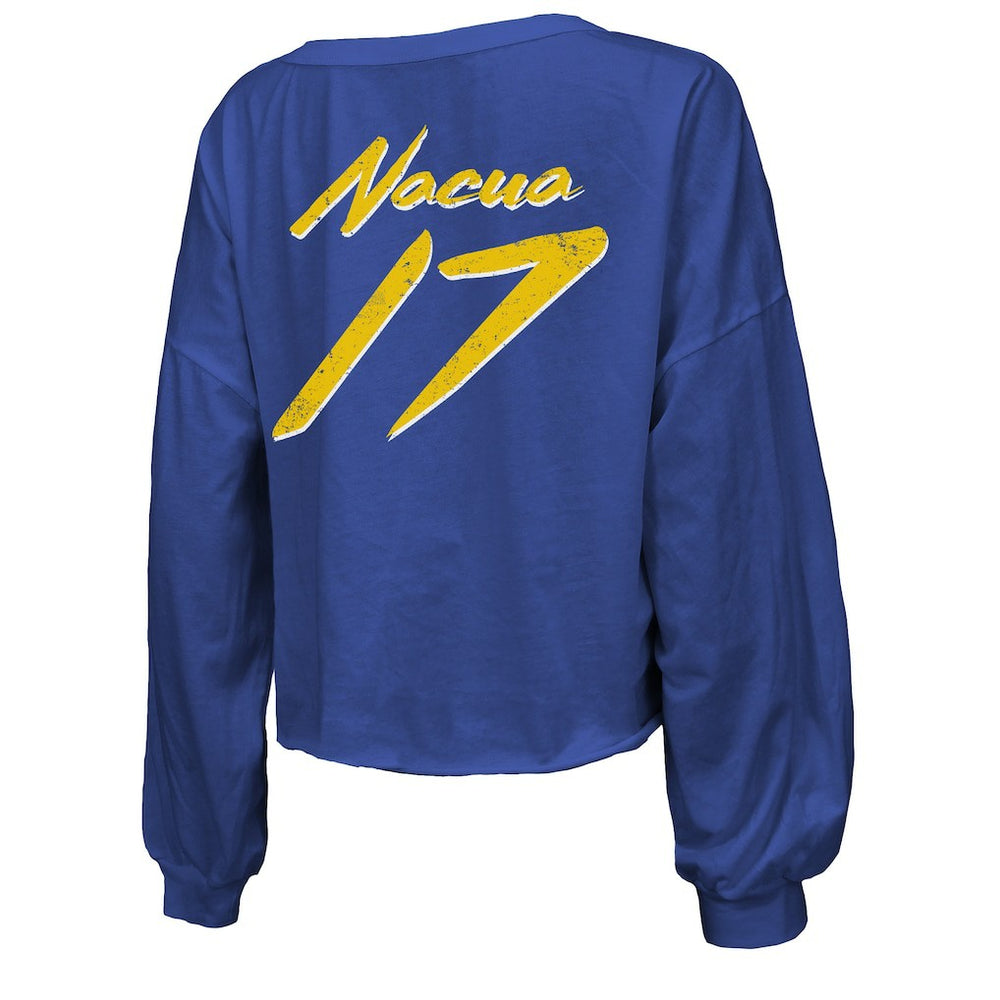 Los Angeles Rams  Puka Nacua  Majestic Threads Women's Off-Shoulder Script Player Name & Number Cropped Long Sleeve V-Neck T-Shirt