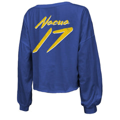 Los Angeles Rams  Puka Nacua  Majestic Threads Women's Off-Shoulder Script Player Name & Number Cropped Long Sleeve V-Neck T-Shirt