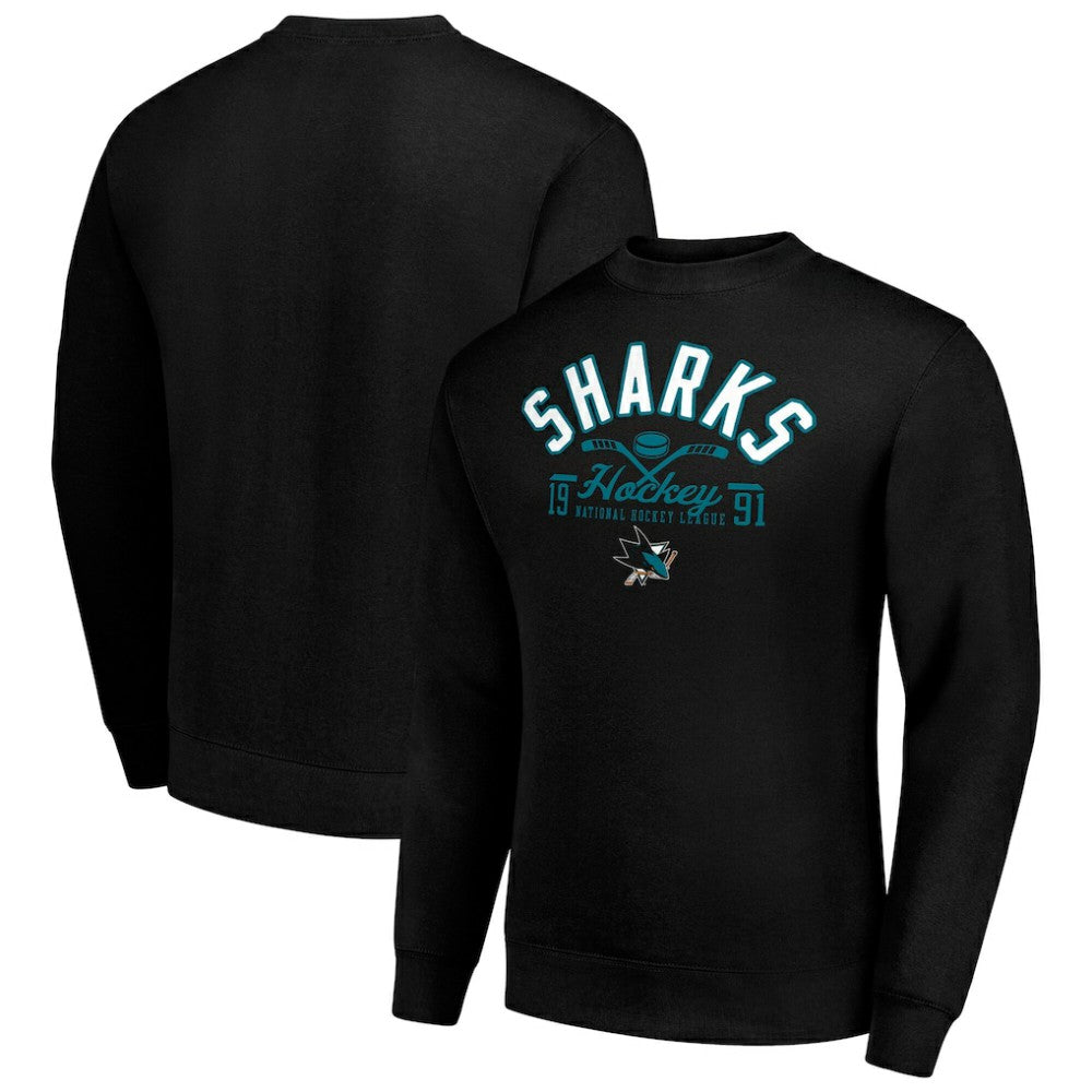 San Jose Sharks Starter Stick And Puck Logo Fleece Pullover Sweatshirt For Sale
