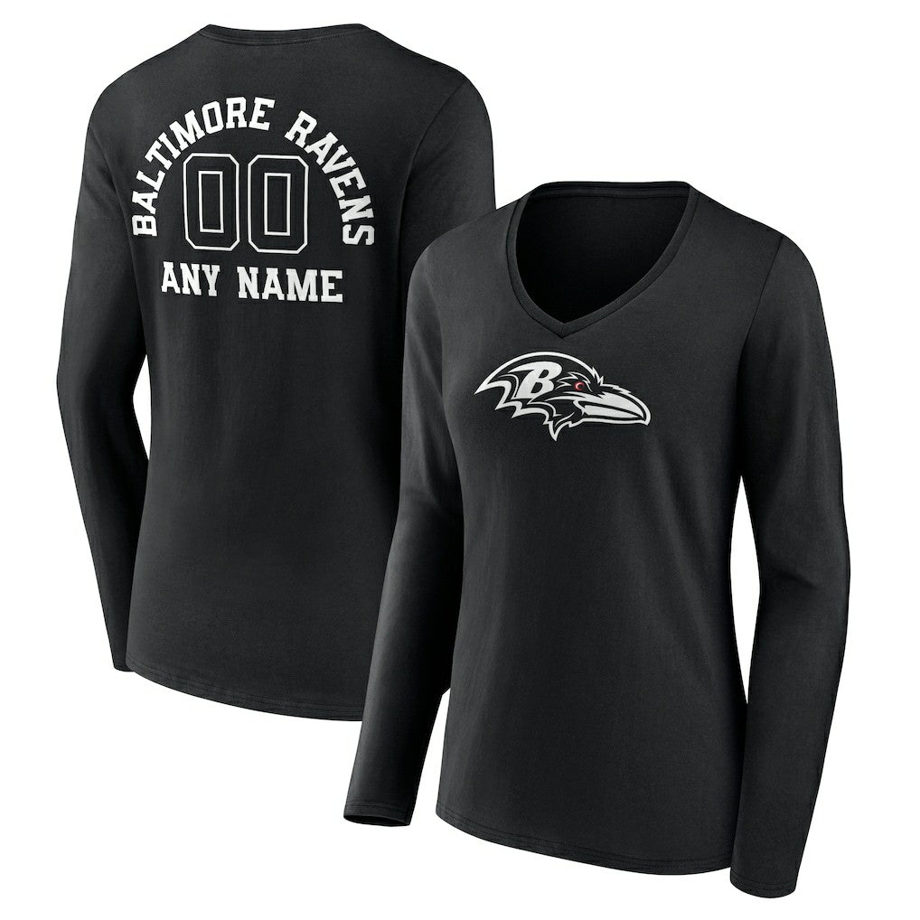 Baltimore Ravens  Women's Personalized Name & Number Monochrome Long Sleeve V-Neck T-Shirt