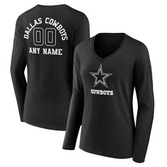 Dallas Cowboys  Women's Personalized Name & Number Monochrome Long Sleeve V-Neck T-Shirt