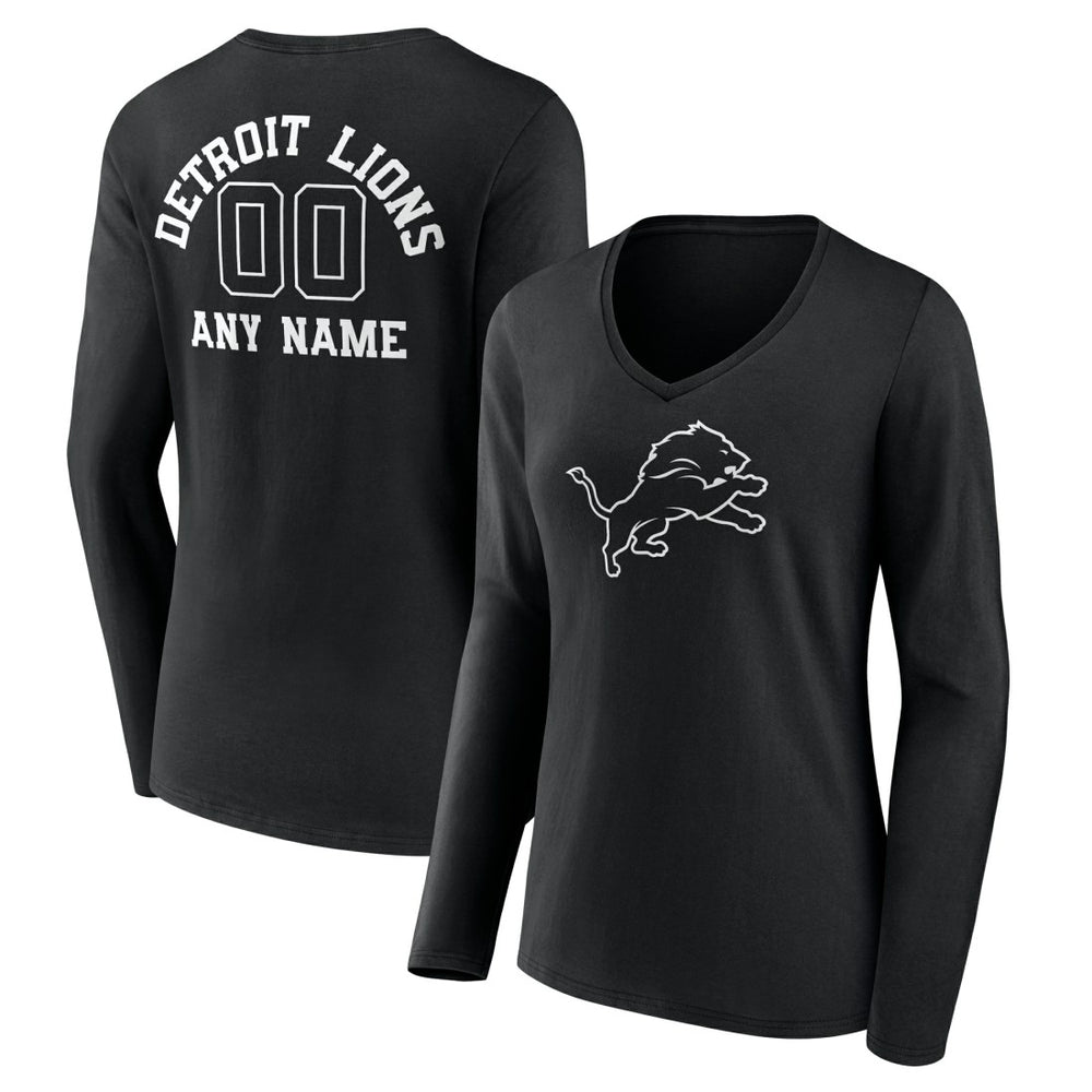 Detroit Lions  Women's Personalized Name & Number Monochrome Long Sleeve V-Neck T-Shirt