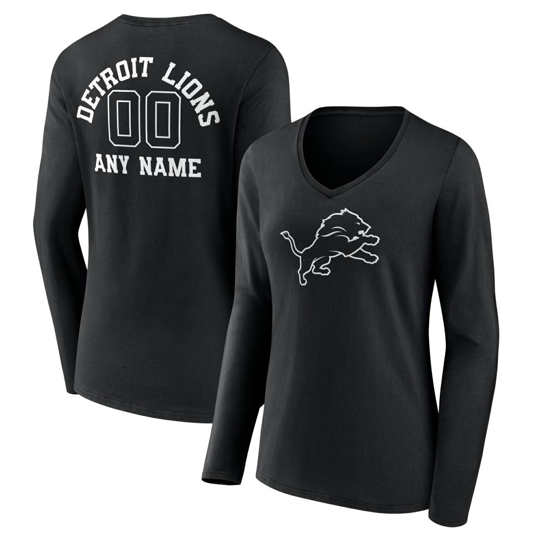 Detroit Lions  Women's Personalized Name & Number Monochrome Long Sleeve V-Neck T-Shirt