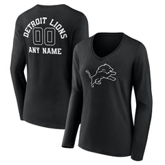 Detroit Lions  Women's Personalized Name & Number Monochrome Long Sleeve V-Neck T-Shirt