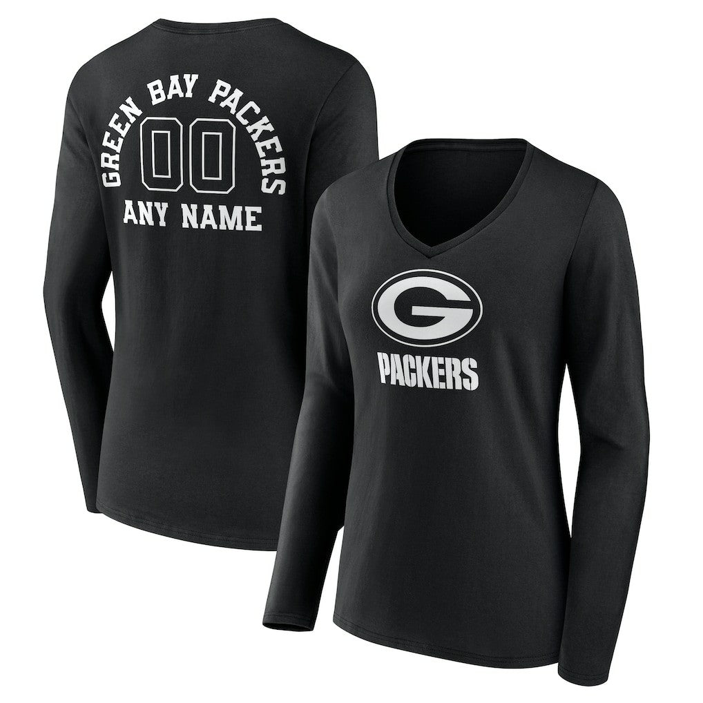 Green Bay Packers  Women's Personalized Name & Number Monochrome Long Sleeve V-Neck T-Shirt