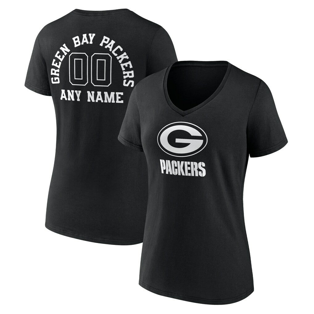 Green Bay Packers  Women's Personalized Name & Number Monochrome V-Neck T-Shirt