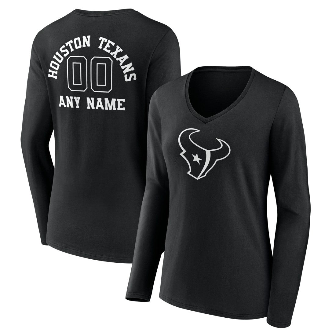 Houston Texans  Women's Personalized Name & Number Monochrome Long Sleeve V-Neck T-Shirt