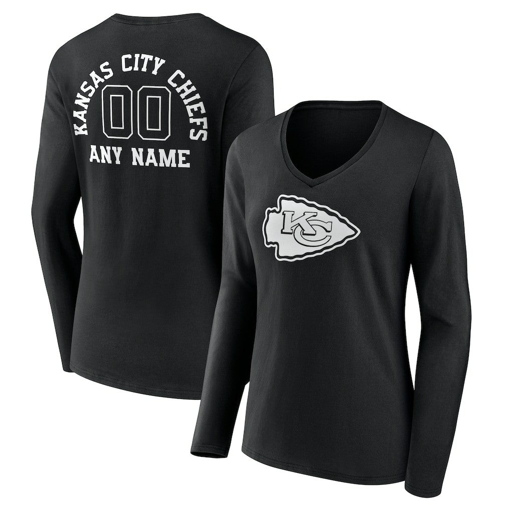 Kansas City Chiefs  Women's Personalized Name & Number Monochrome Long Sleeve V-Neck T-Shirt