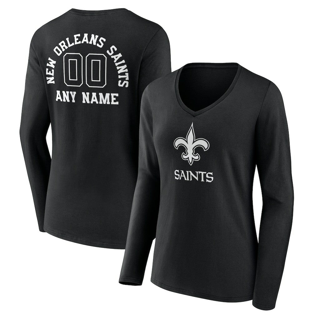 New Orleans Saints  Women's Personalized Name & Number Monochrome Long Sleeve V-Neck T-Shirt