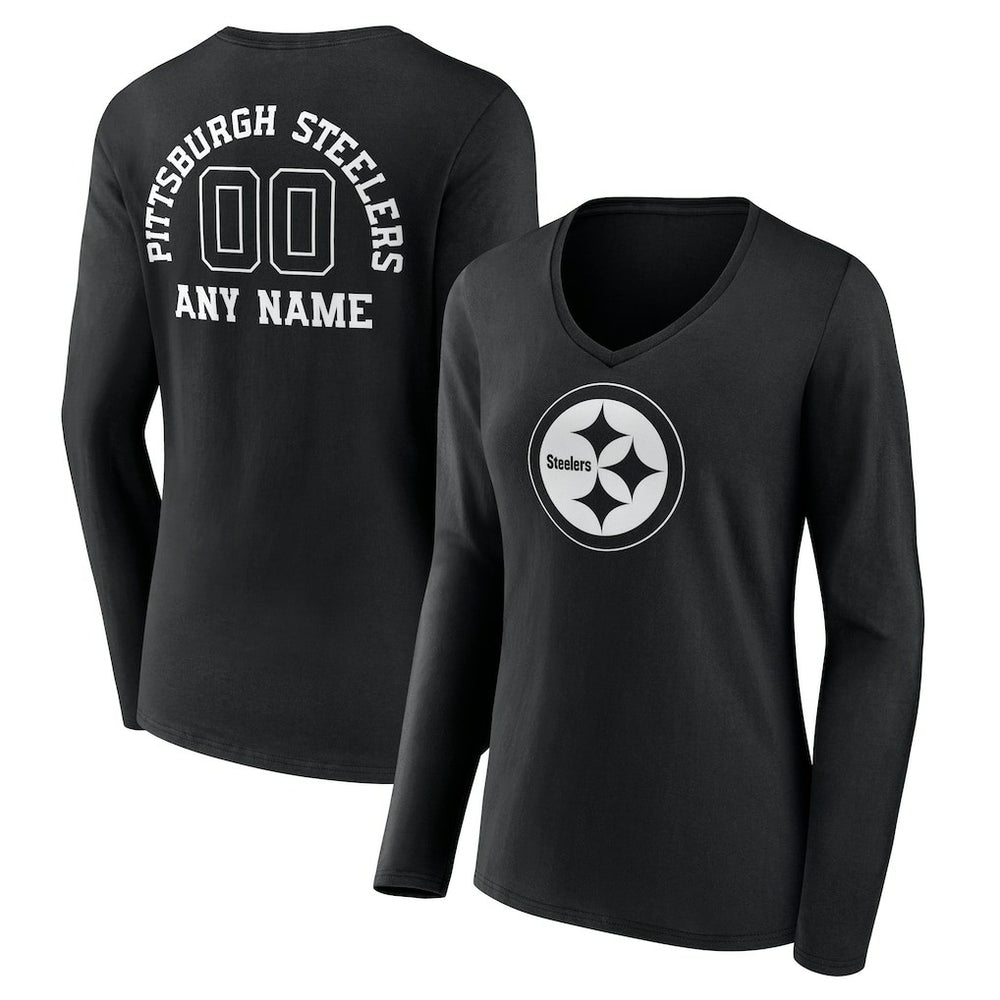 Pittsburgh Steelers  Women's Personalized Name & Number Monochrome Long Sleeve V-Neck T-Shirt