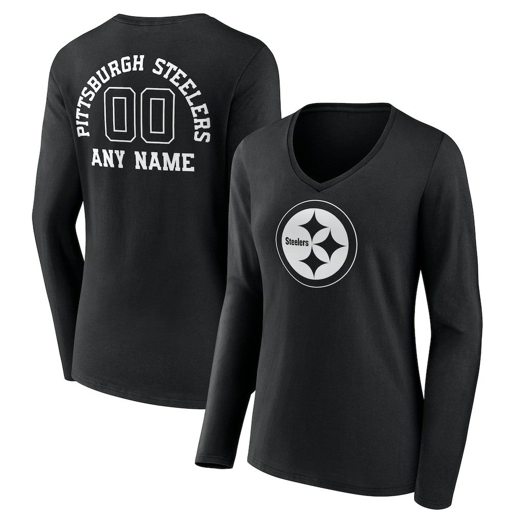 Pittsburgh Steelers  Women's Personalized Name & Number Monochrome Long Sleeve V-Neck T-Shirt
