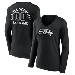 Seattle Seahawks  Women's Personalized Name & Number Monochrome Long Sleeve V-Neck T-Shirt