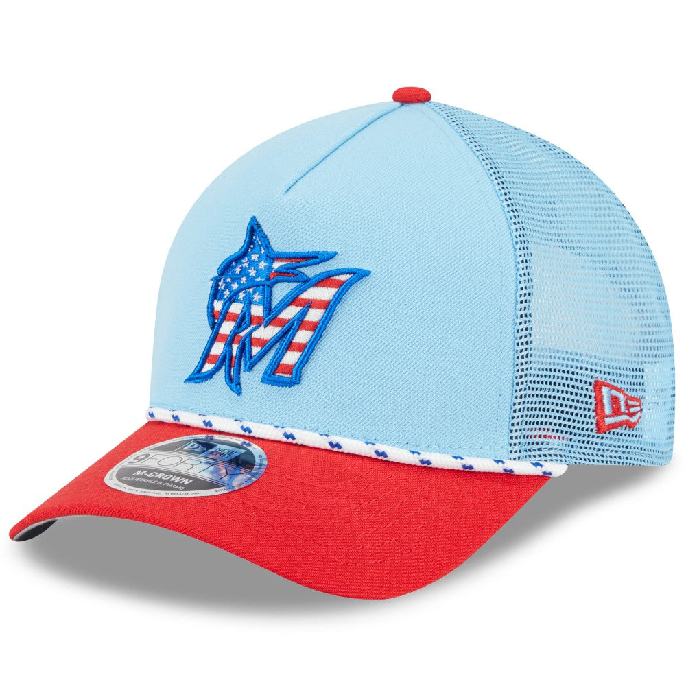 Miami Marlins New Era 2025 Fourth of July 9FORTY A-Frame M-Crown Adjustable Trucker Hat | MLB Sale