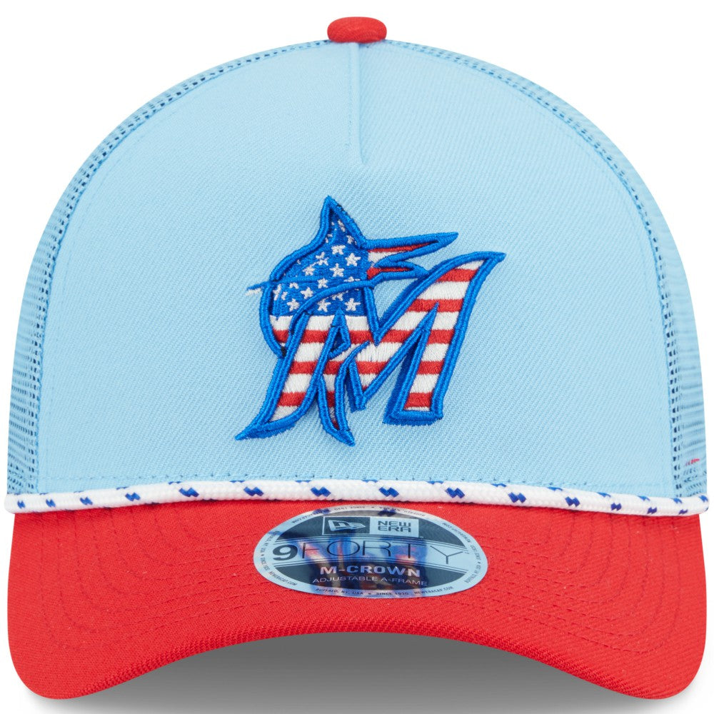 Miami Marlins New Era 2025 Fourth of July 9FORTY A-Frame M-Crown Adjustable Trucker Hat | MLB Sale
