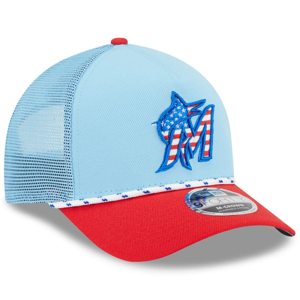 Miami Marlins New Era 2025 Fourth of July 9FORTY A-Frame M-Crown Adjustable Trucker Hat | MLB Sale