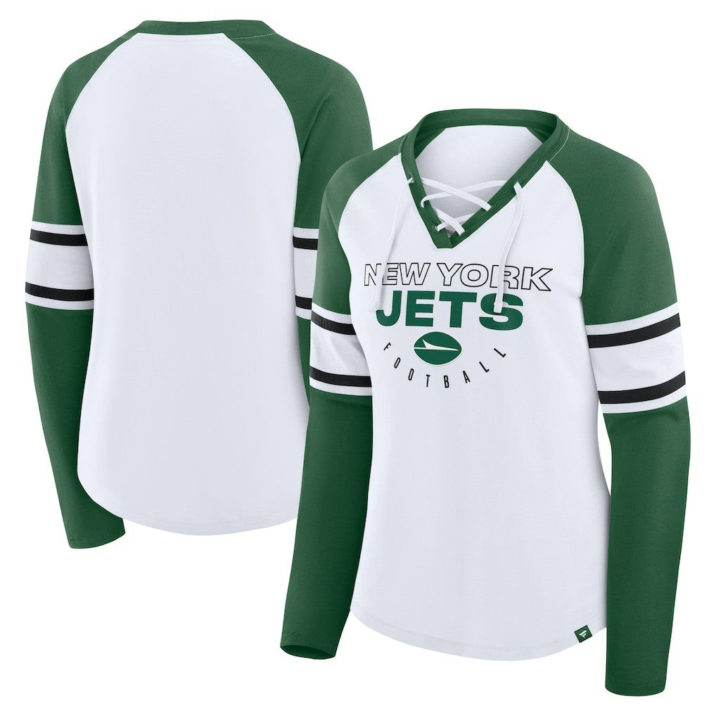 New York Jets Fanatics Women's Redzone Blitz Package Raglan Lace-Up V-Neck Long Sleeve T-Shirt