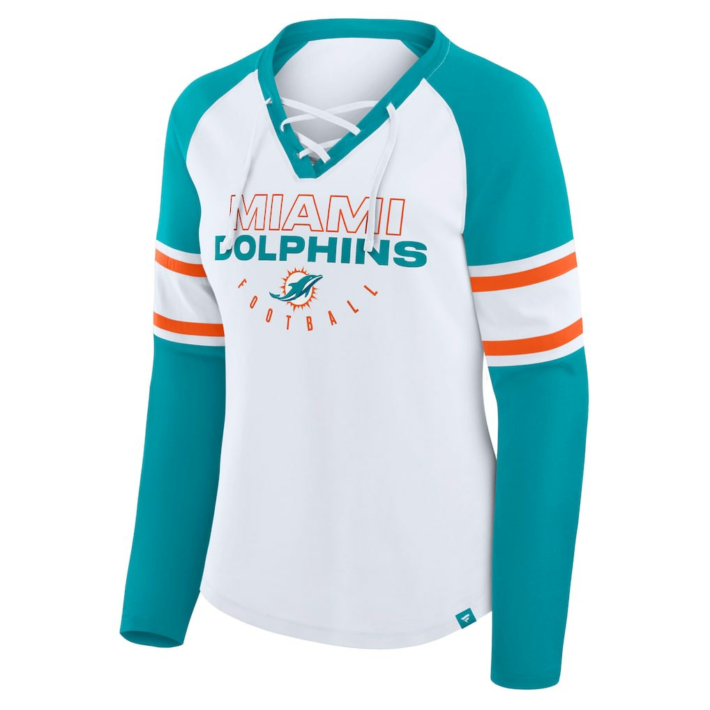 Miami Dolphins Fanatics Women's Redzone Blitz Package Raglan Lace-Up V-Neck Long Sleeve T-Shirt