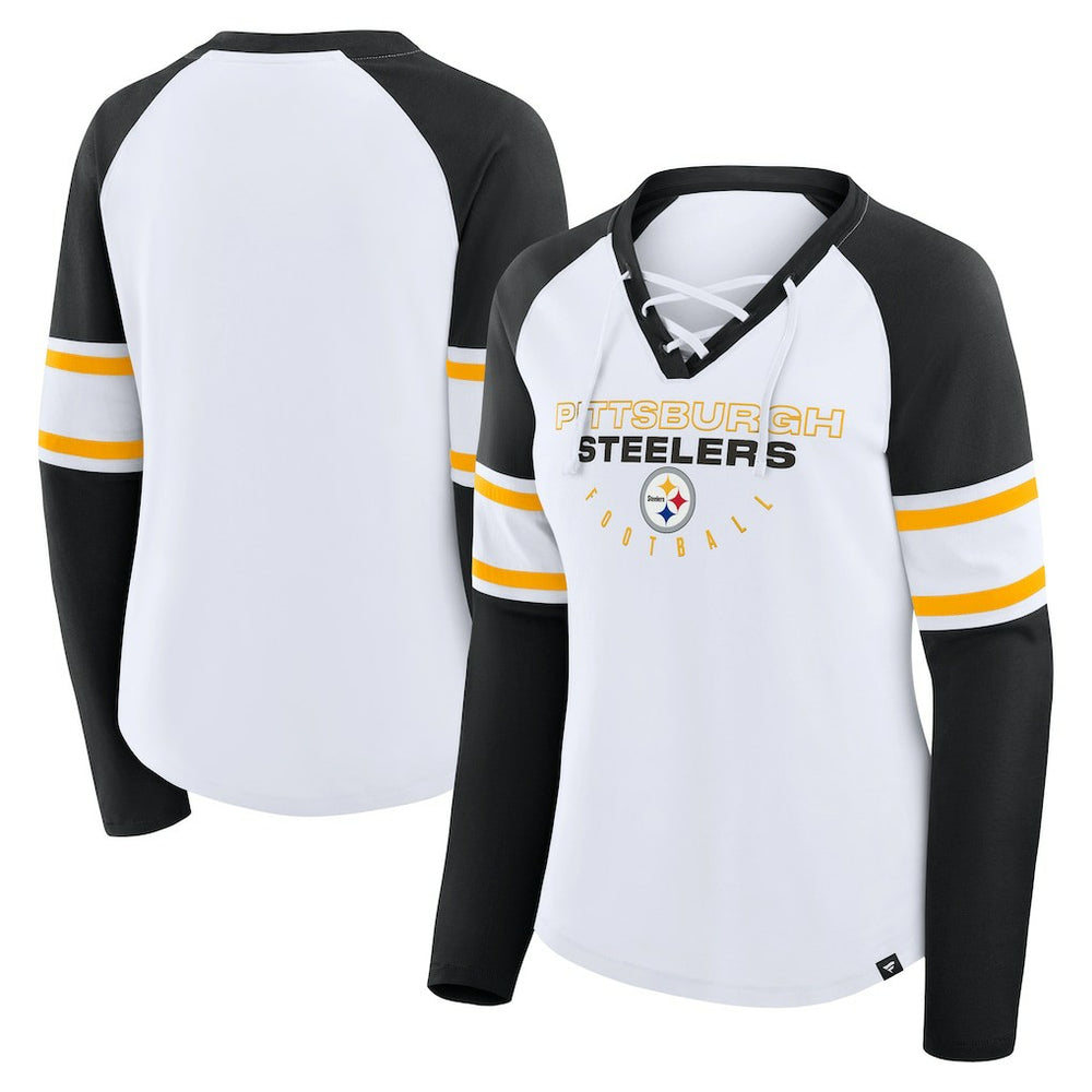 Pittsburgh Steelers Fanatics Women's Redzone Blitz Package Raglan Lace-Up V-Neck Long Sleeve T-Shirt