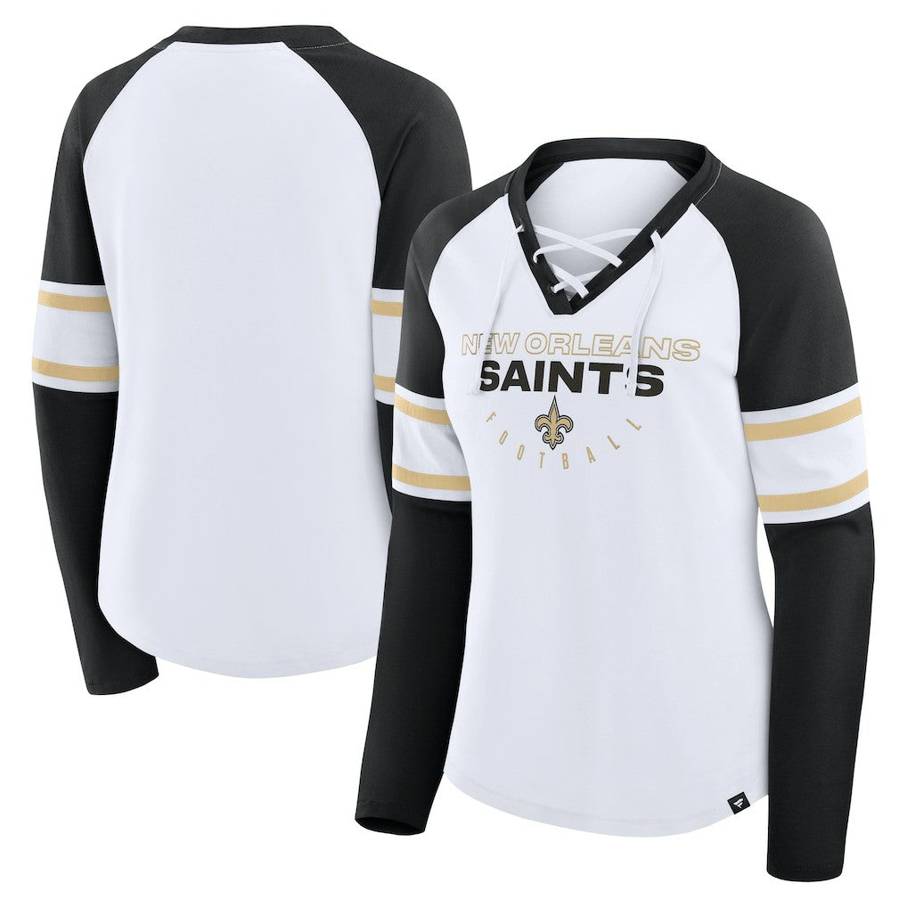 New Orleans Saints Fanatics Women's Redzone Blitz Package Raglan Lace-Up V-Neck Long Sleeve T-Shirt