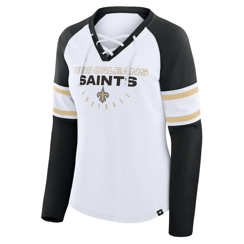 New Orleans Saints Fanatics Women's Redzone Blitz Package Raglan Lace-Up V-Neck Long Sleeve T-Shirt