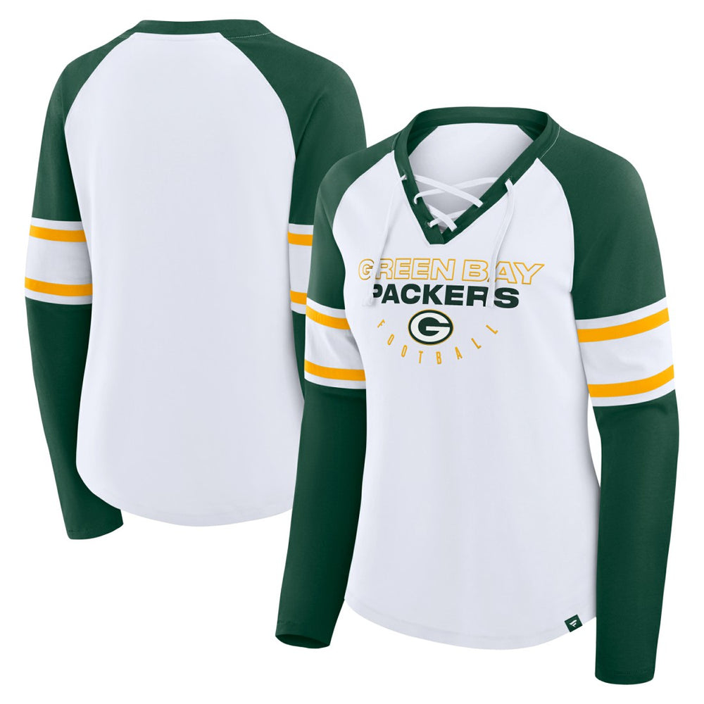Green Bay Packers Fanatics Women's Redzone Blitz Package Raglan Lace-Up V-Neck Long Sleeve T-Shirt