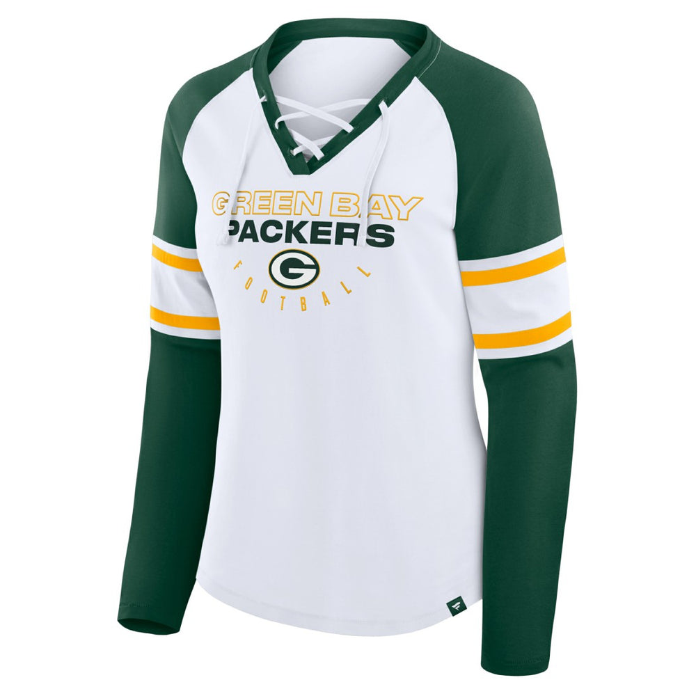 Green Bay Packers Fanatics Women's Redzone Blitz Package Raglan Lace-Up V-Neck Long Sleeve T-Shirt