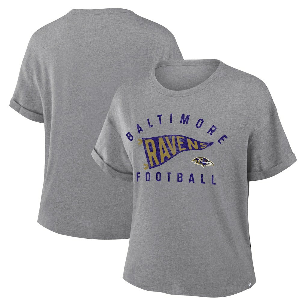 Baltimore Ravens Fanatics Women's Pennant Wave Tribute Tri-Blend Boxy T-Shirt