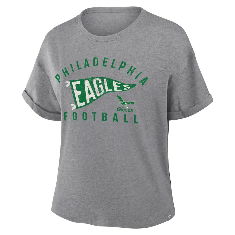 Philadelphia Eagles Fanatics Women's Pennant Wave Tribute Tri-Blend Boxy T-Shirt
