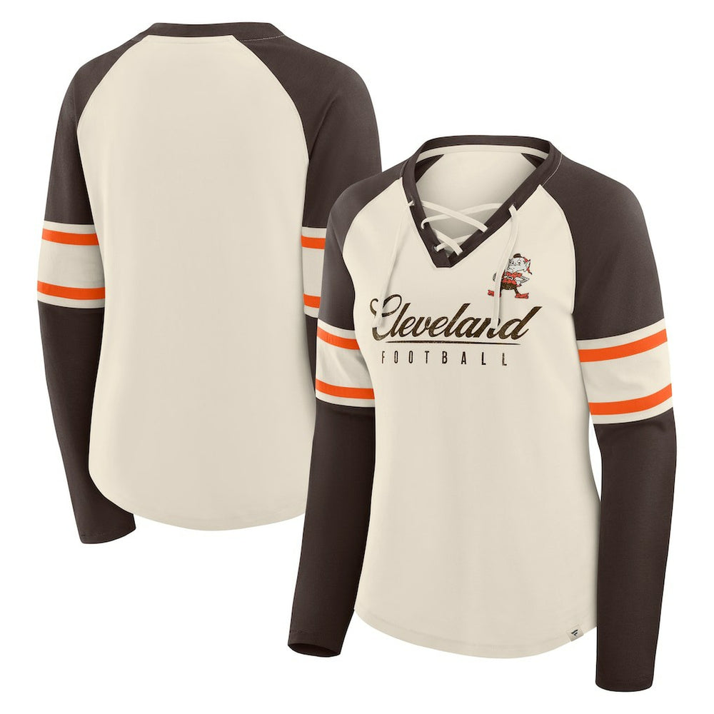 Cleveland Browns Fanatics Women's Hometown Gridiron Hero Raglan Lace-Up V-Neck Long Sleeve T-Shirt