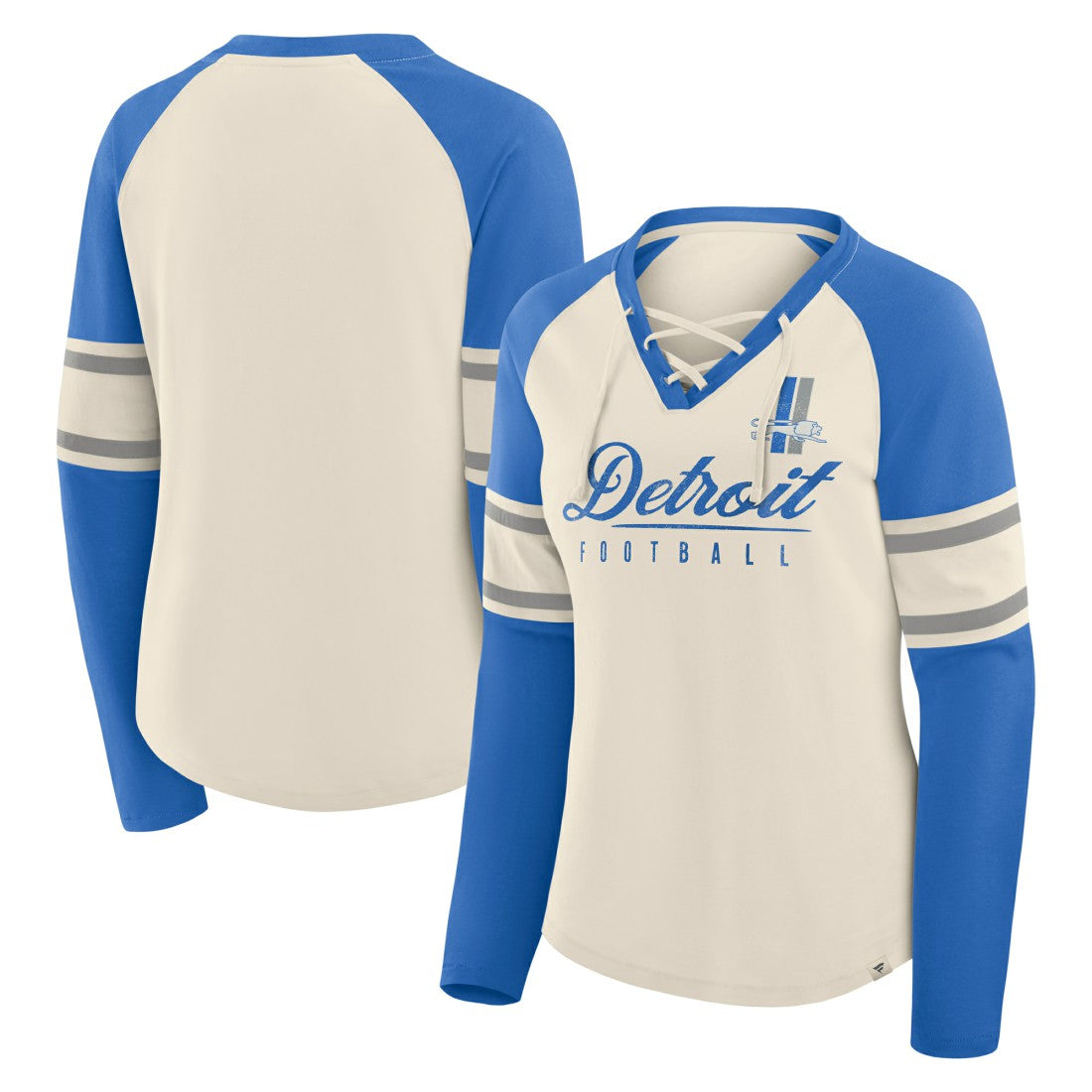 Detroit Lions Fanatics Women's Hometown Gridiron Hero Raglan Lace-Up V-Neck Long Sleeve T-Shirt
