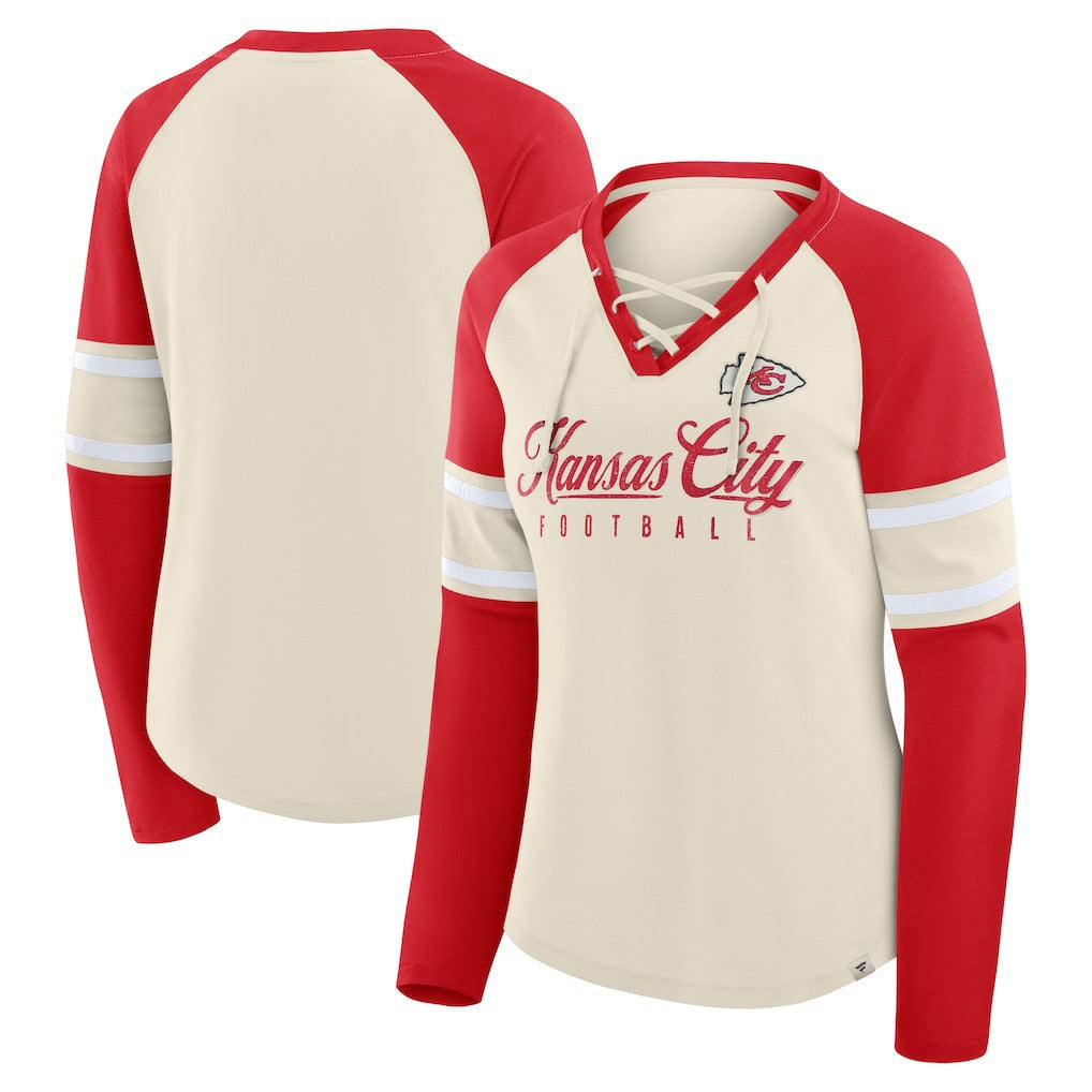Kansas City Chiefs Fanatics Women's Hometown Gridiron Hero Raglan Lace-Up V-Neck Long Sleeve T-Shirt