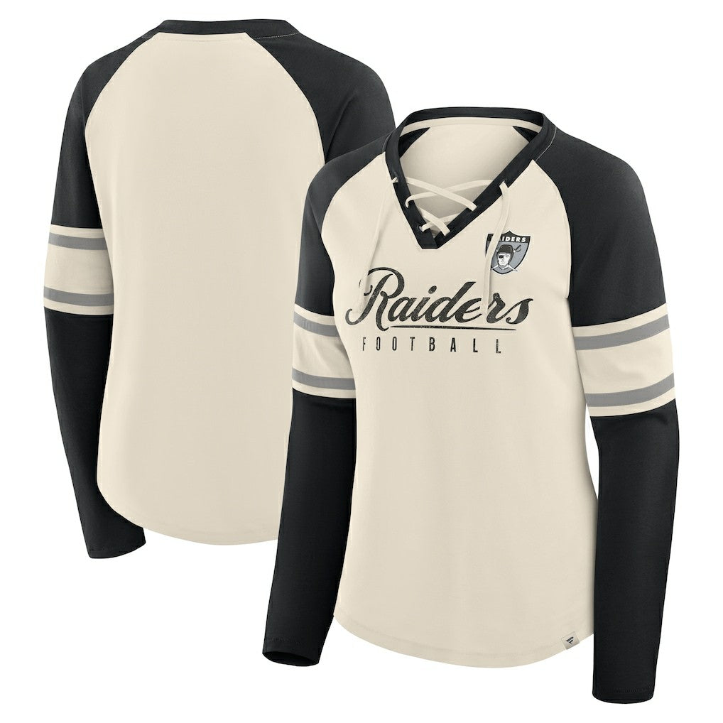 Las Vegas Raiders Fanatics Women's Hometown Gridiron Hero Raglan Lace-Up V-Neck Long Sleeve T-Shirt