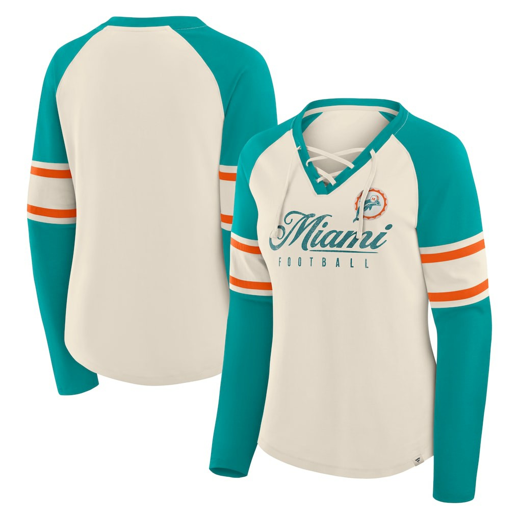 Miami Dolphins Fanatics Women's Hometown Gridiron Hero Raglan Lace-Up V-Neck Long Sleeve T-Shirt