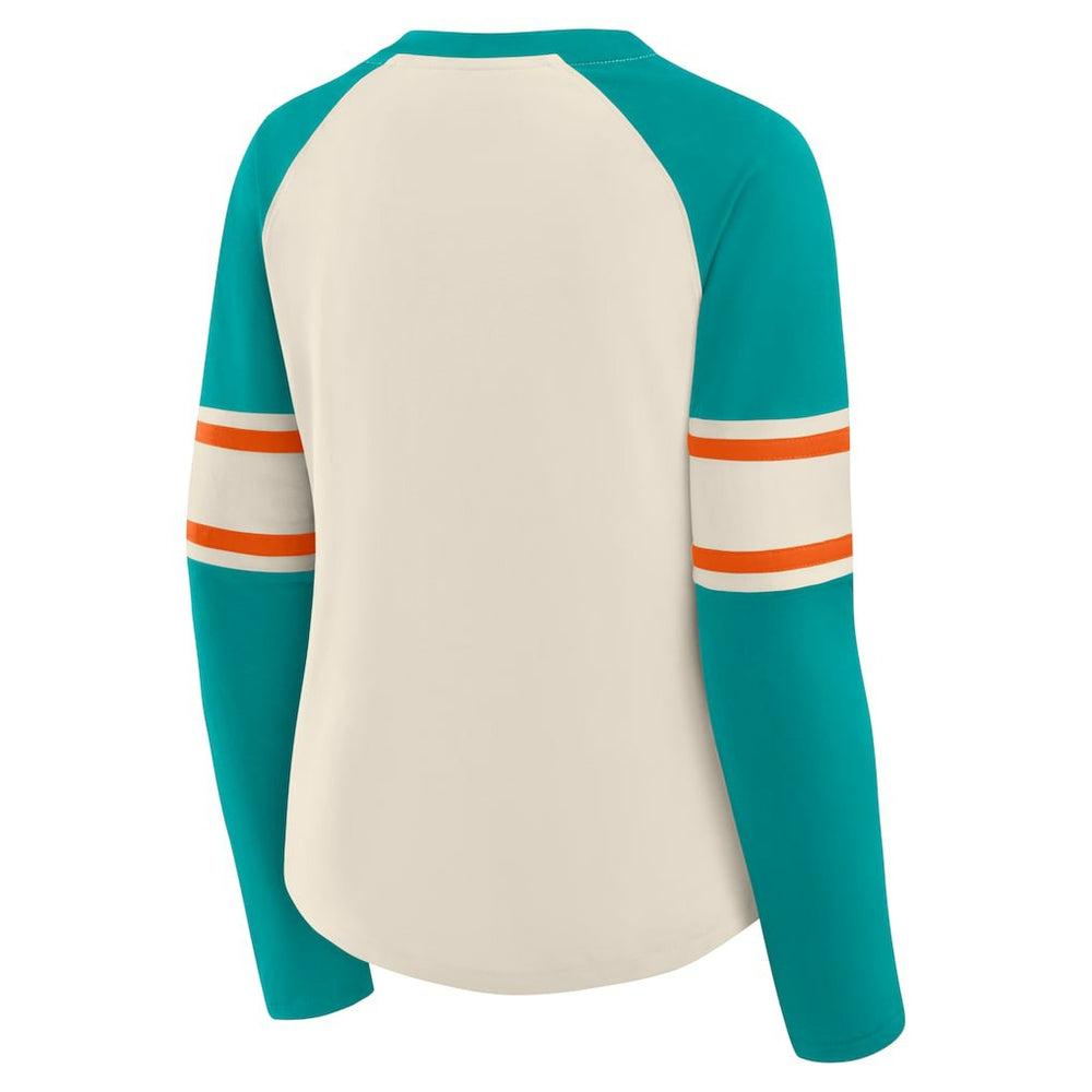Miami Dolphins Fanatics Women's Hometown Gridiron Hero Raglan Lace-Up V-Neck Long Sleeve T-Shirt