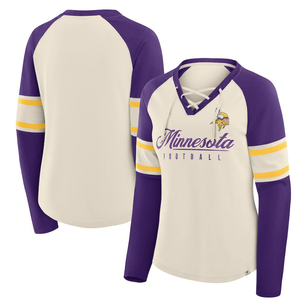 Minnesota Vikings Fanatics Women's Hometown Gridiron Hero Raglan Lace-Up V-Neck Long Sleeve T-Shirt