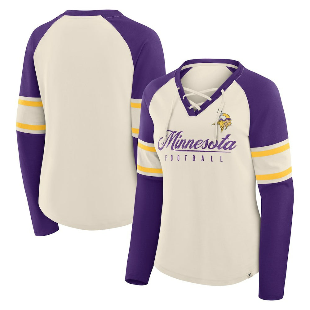 Minnesota Vikings Fanatics Women's Hometown Gridiron Hero Raglan Lace-Up V-Neck Long Sleeve T-Shirt