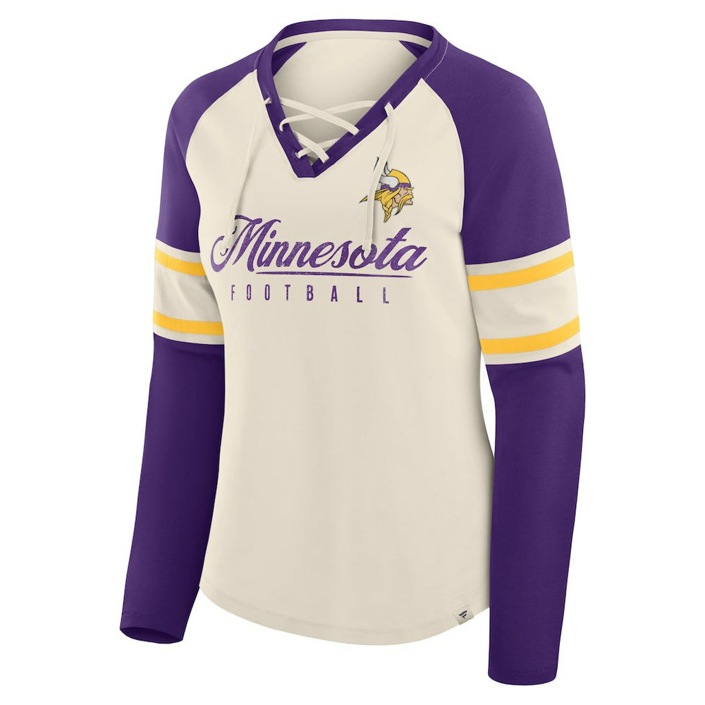 Minnesota Vikings Fanatics Women's Hometown Gridiron Hero Raglan Lace-Up V-Neck Long Sleeve T-Shirt
