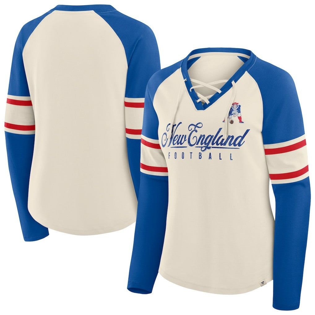 New England Patriots Fanatics Women's Hometown Gridiron Hero Raglan Lace-Up V-Neck Long Sleeve T-Shirt