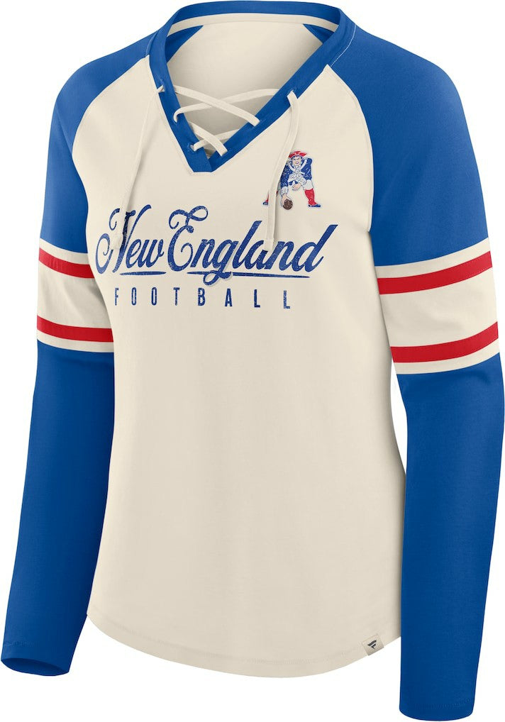 New England Patriots Fanatics Women's Hometown Gridiron Hero Raglan Lace-Up V-Neck Long Sleeve T-Shirt