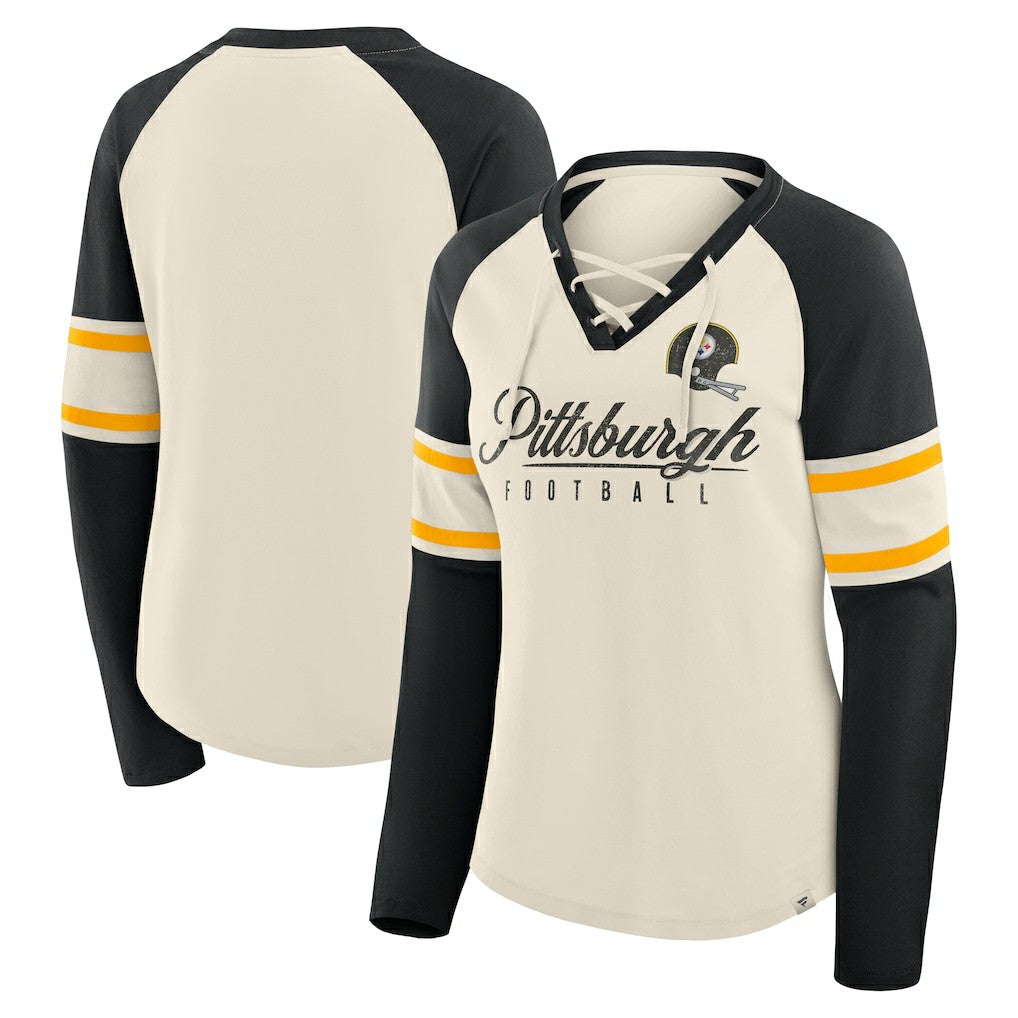 Pittsburgh Steelers Fanatics Women's Hometown Gridiron Hero Raglan Lace-Up V-Neck Long Sleeve T-Shirt