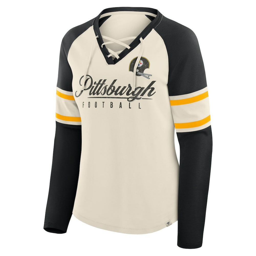 Pittsburgh Steelers Fanatics Women's Hometown Gridiron Hero Raglan Lace-Up V-Neck Long Sleeve T-Shirt