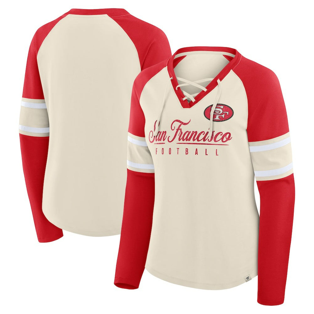 San Francisco 49ers Fanatics Women's Hometown Gridiron Hero Raglan Lace-Up V-Neck Long Sleeve T-Shirt