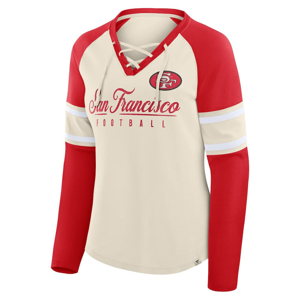 San Francisco 49ers Fanatics Women's Hometown Gridiron Hero Raglan Lace-Up V-Neck Long Sleeve T-Shirt