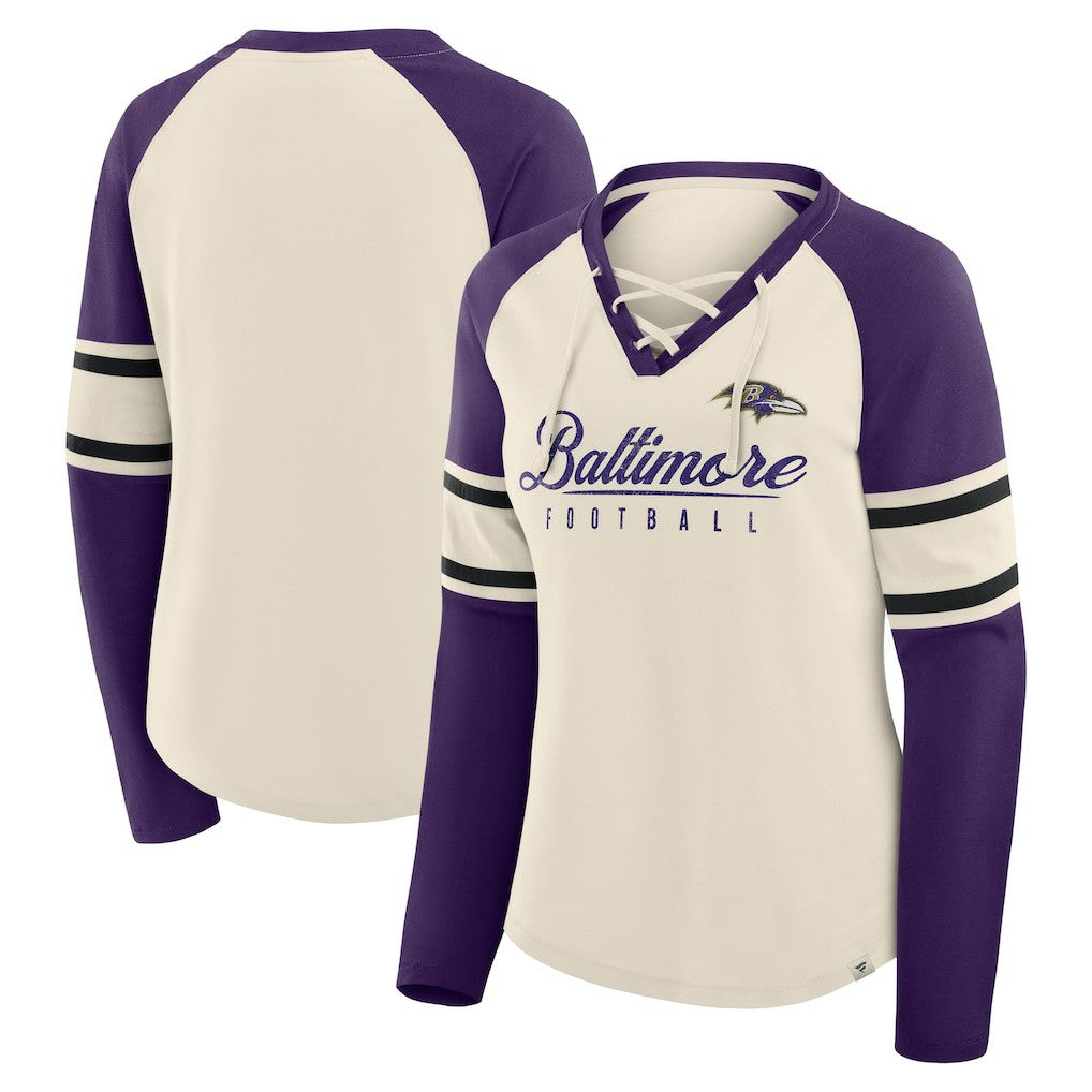 Baltimore Ravens Fanatics Women's Hometown Gridiron Hero Raglan Lace-Up V-Neck Long Sleeve T-Shirt