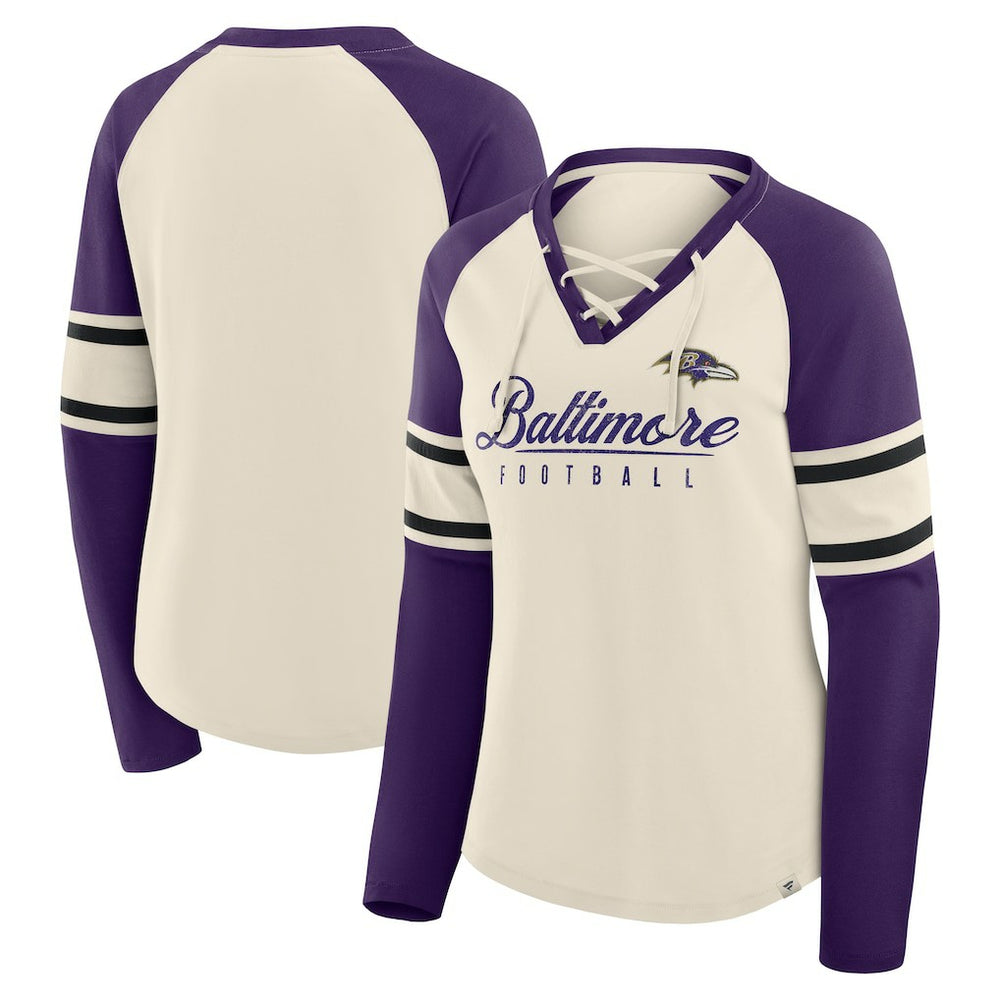 Baltimore Ravens Fanatics Women's Hometown Gridiron Hero Raglan Lace-Up V-Neck Long Sleeve T-Shirt