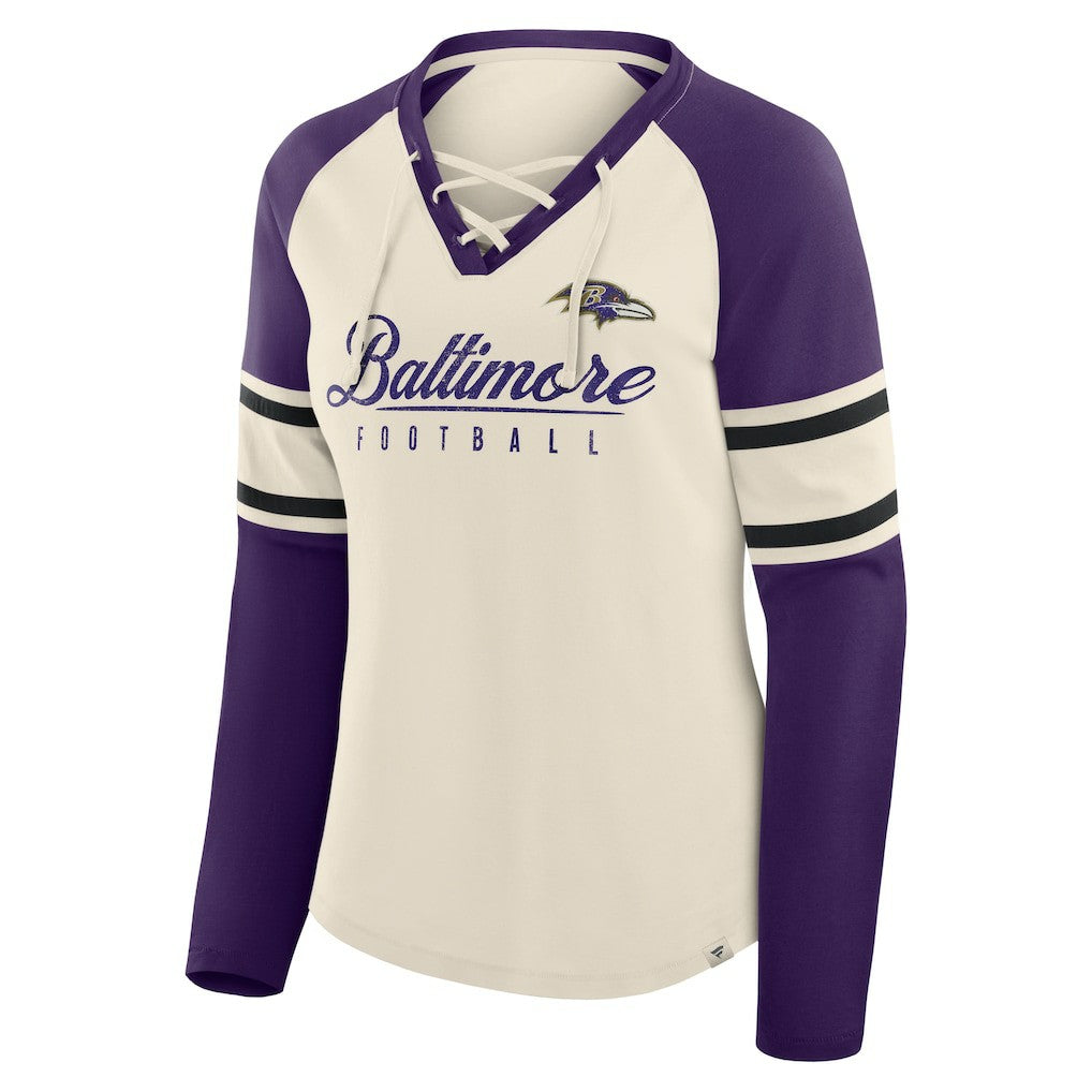Baltimore Ravens Fanatics Women's Hometown Gridiron Hero Raglan Lace-Up V-Neck Long Sleeve T-Shirt