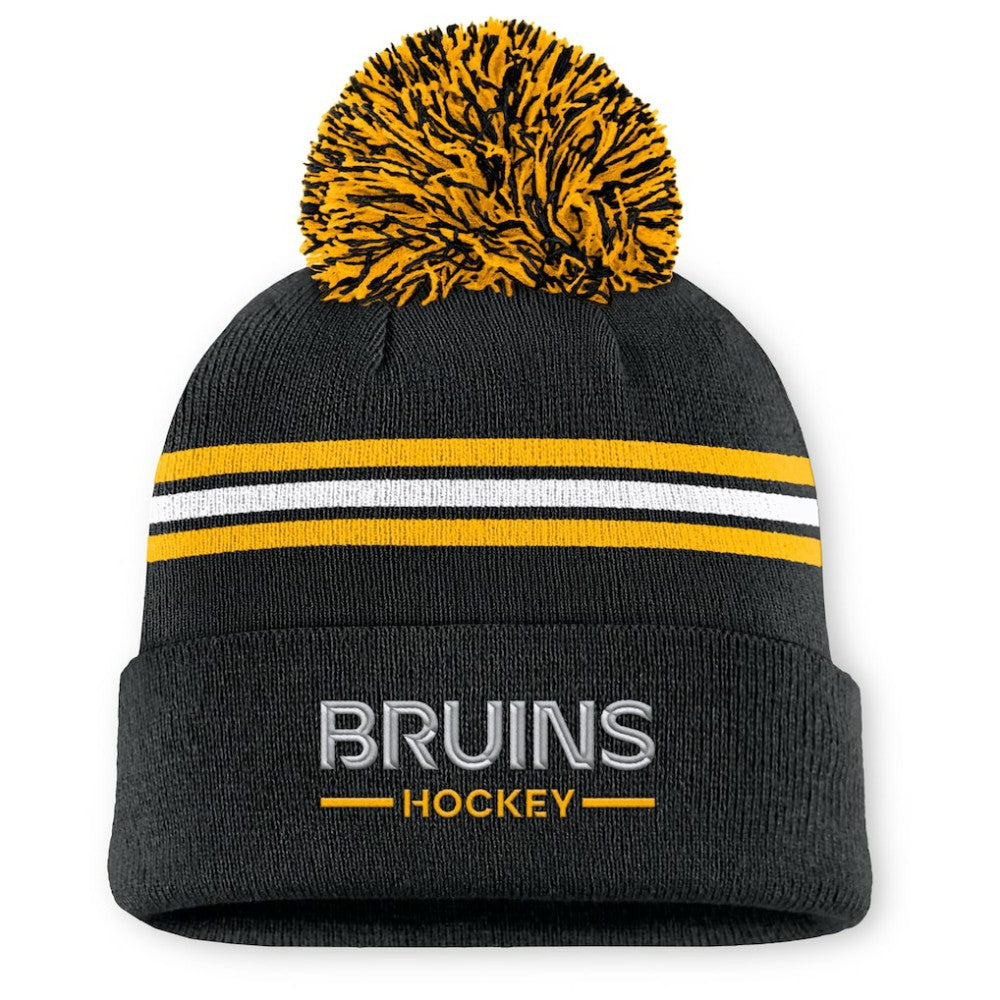 Boston Bruins Fanatics Women's Authentic Pro Rink Cuffed Knit Hat with Pom For Sale
