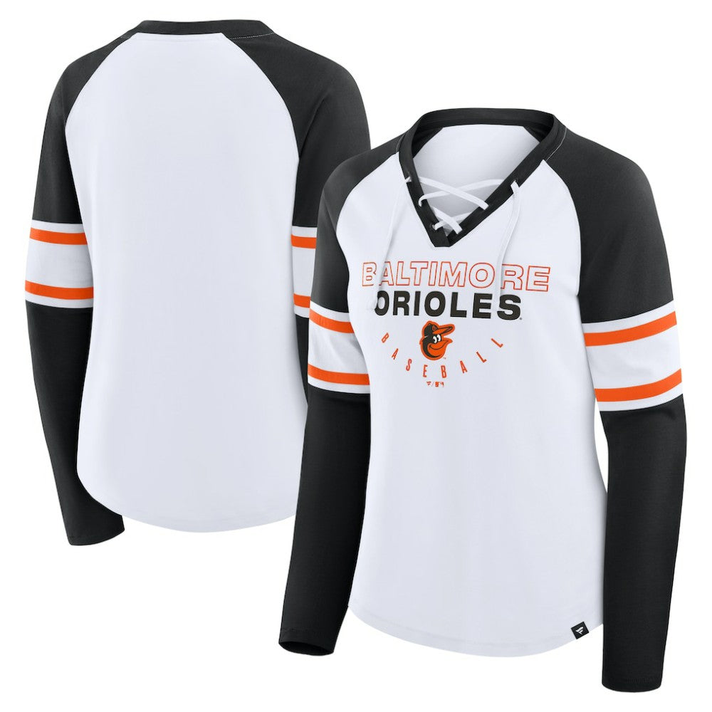 Baltimore Orioles Fanatics Women's Blitz Package Raglan Lace-Up V-Neck Long Sleeve T-Shirt | MLB For sale